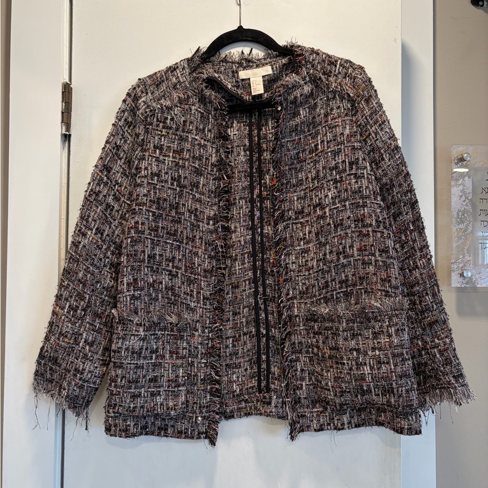 H&M Tweed Fringe Open-Front Jacket - Gray Multicolor